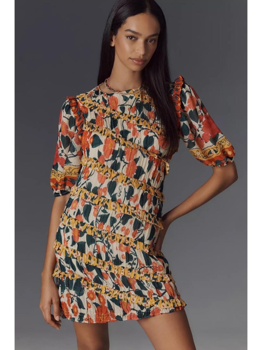 NWT Farm Rio x Anthropologie Puff-Sleeve Fitted Mini Dress - size XS